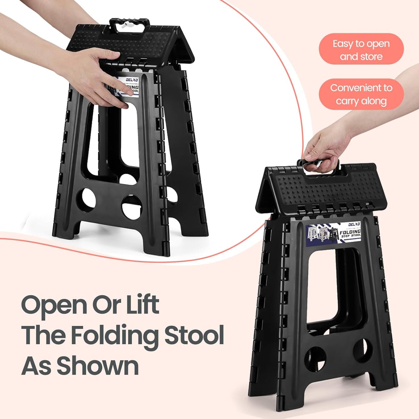 Delxo Folding Step Stool 17.5 Inch Non-Slip Foldable Stools for Kids & Adults Up to 300 LBS Kitchen Collapsible Fold Up Stepping Stool with Dotted 1 Pack Black