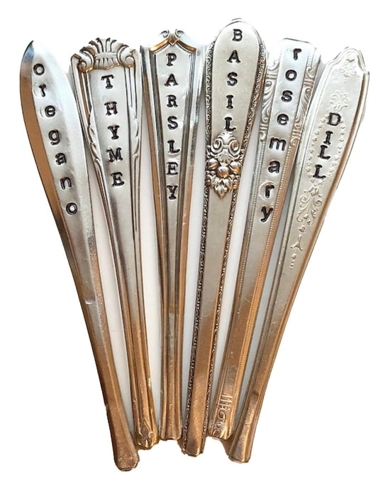 Herb Markers Set of 6 GARDEN stakes Made From Vintage Spoon Handles Oregano, Basil, Parsley, Rosemary, Thyme, Dill. Garden Markers Herb Labels