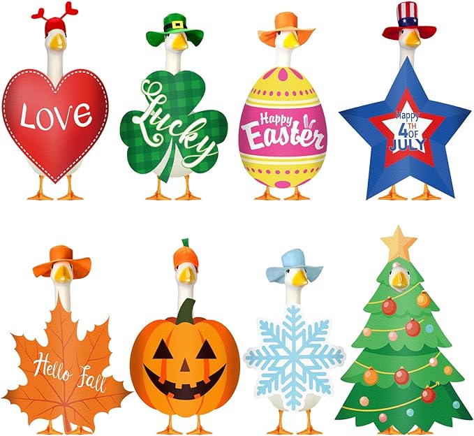 Sanwuta 8 Set Holiday Goose Outfits Christmas Valentine's Day All Seasons Lawn Porch Goose Clothes Costume for 23" Cement Statue Garden Patio Outdoor Decoration