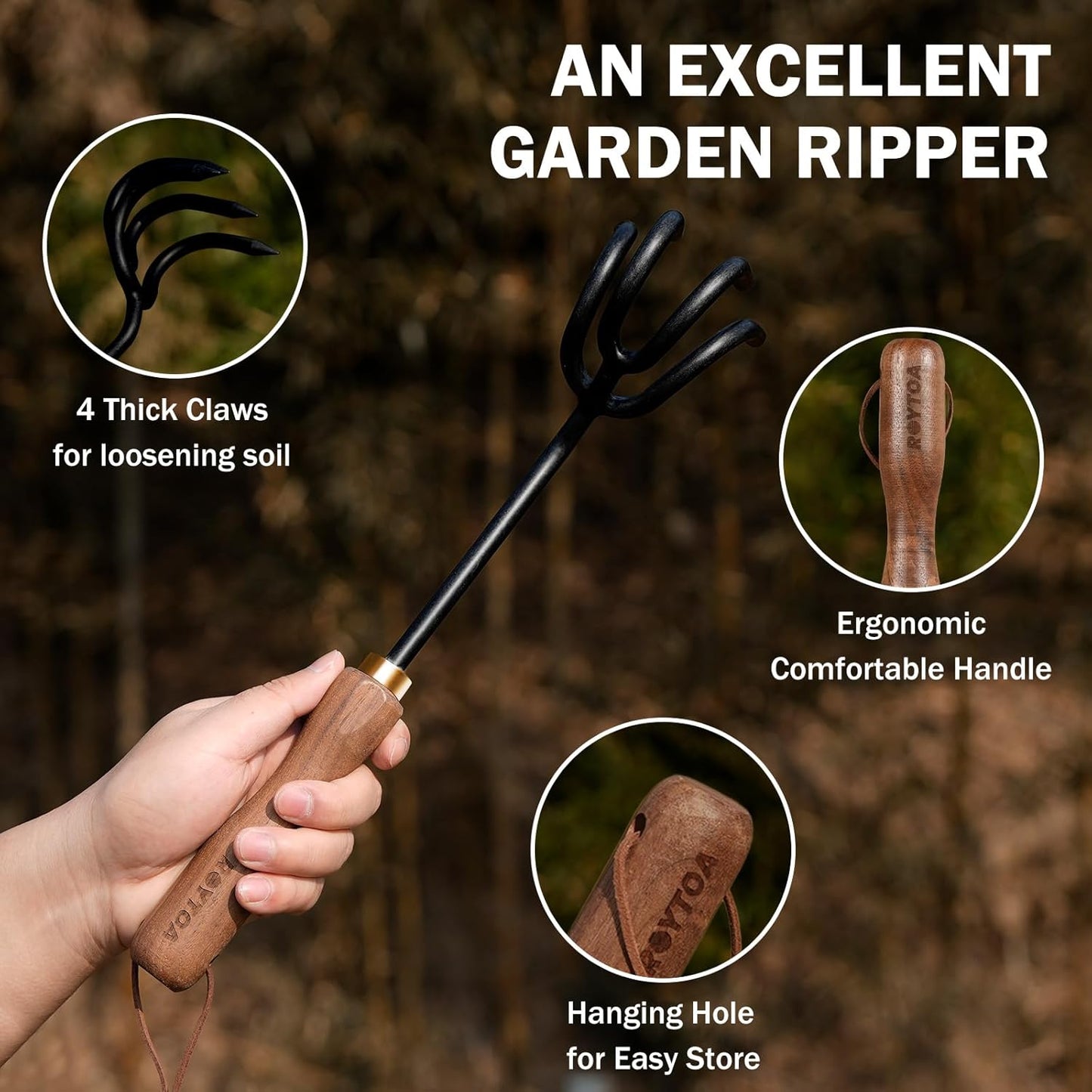 Hand Cultivator Rake, Ergonomic Small Garden Rake with Walnut Handle & 4 Durable Tines, Garden Tools for Weeding, Digging and Cultivating