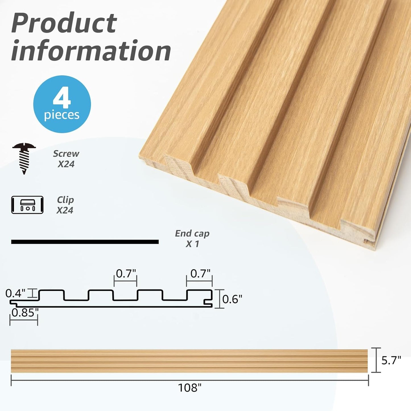 Art3d Slat Wood Wall Paneling for Interior and Ceiling Decoration - Pack of 4pcs + 1pc End-Trim, Size 108 x 5.7in.- Oak