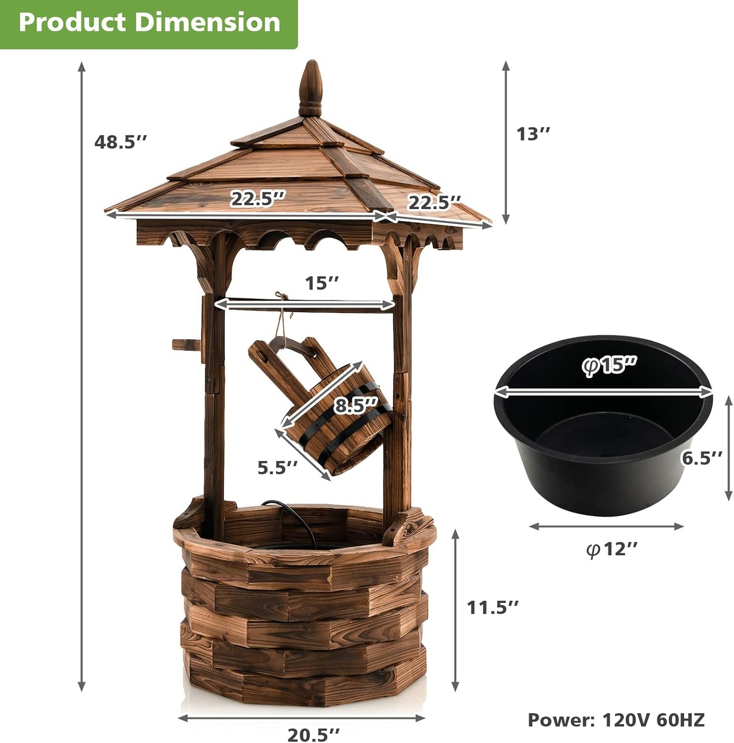 Tangkula Outdoor Wishing Well Water Fountain, Old-Fashioned Wood Waterfall Fountain w/Bucket Pump, Rustic Farmhouse Decoration for Garden, Backyard, 46 Inch Tall (22.5" x 22.5" x 48.5")