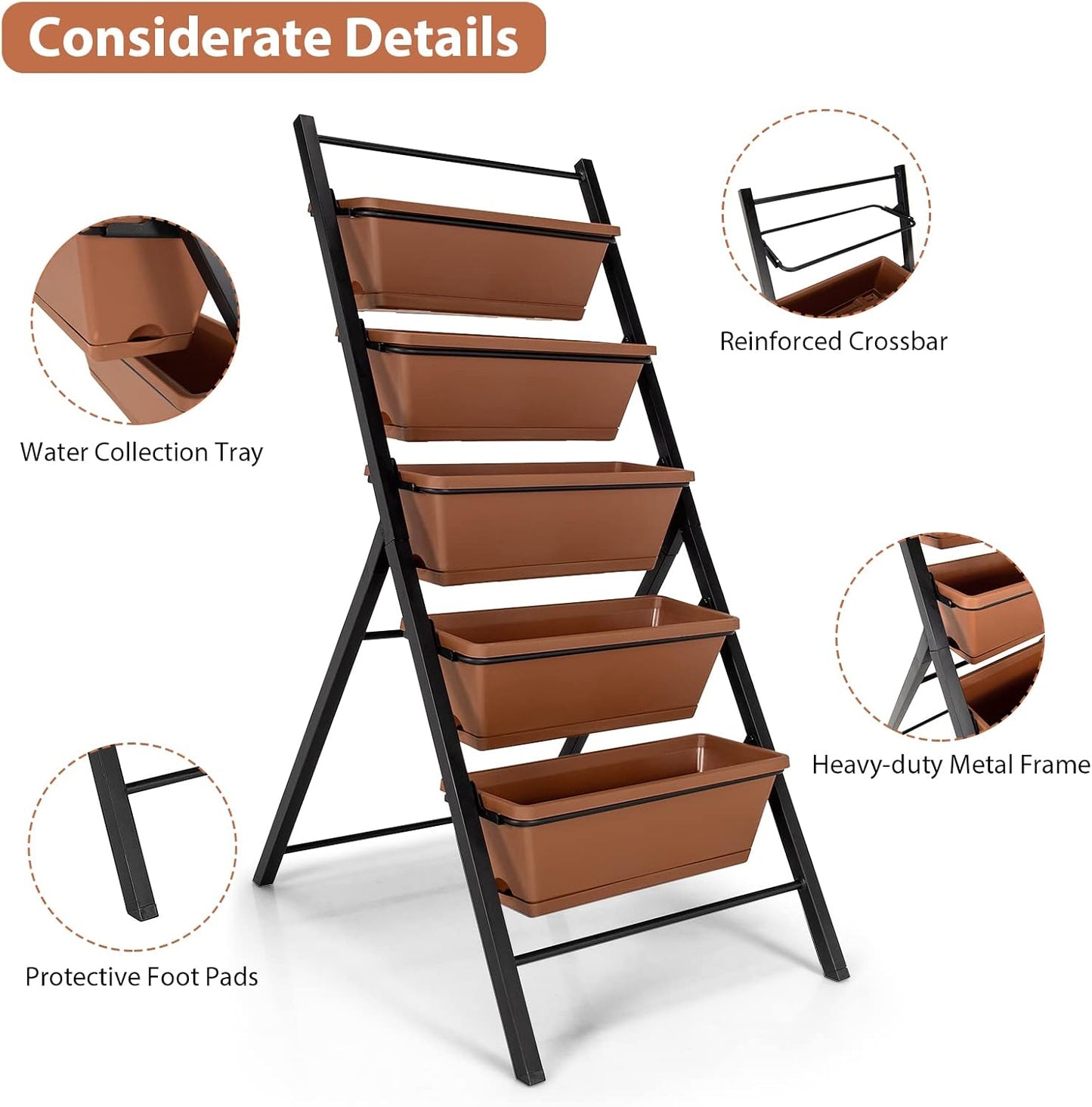 Giantex Vertical Planter Raised Bed, Elevated Garden Beds with Water Drainage Hole, Freestanding 5 Container Boxes for Herb Vegetables Flowers Growing, Outdoor Indoor Patio Balcony (Brown, 1)