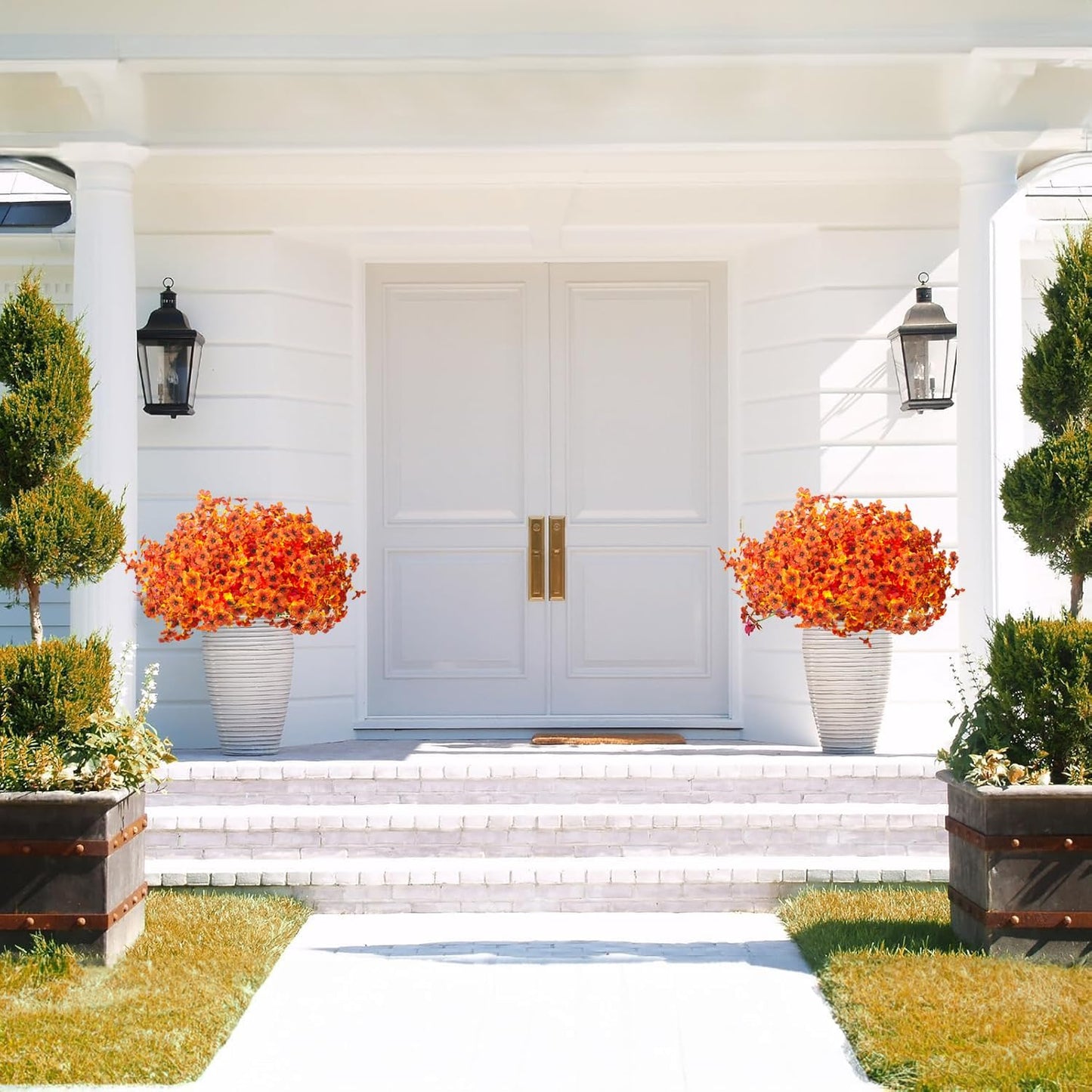 16 Bundles Artificial Fall Flowers for Outdoors Fake Plants UV Resistant Plastic Plants Shrubs Bushes for Home Fall Front Door Porch Garden Autumn Decor (Fall Orange)