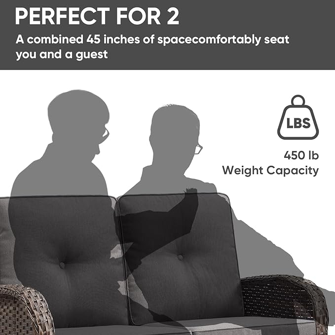 HUMMUH Outdoor Loveseat Sofa 2-Seat PE Wicker Outdoor Couch with Coffee Table,Deep Seat High Back Outdoor Patio Furniture for Patio,Garden,Porch,Deck(Grey)