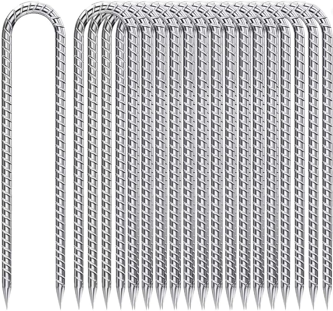 Ground-Stakes-Heavy-Duty-12-Inch, J Hook Rebar Stakes Galvanized Anti-Rust 16pcs Metal Stakes for Ground Heavy Duty Ground Anchors for Garden Dog Fence Chicken Coop Deer Fence