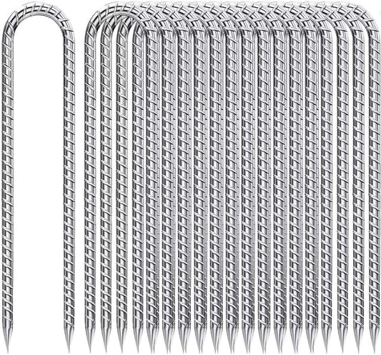 Ground-Stakes-Heavy-Duty-12-Inch, J Hook Rebar Stakes Galvanized Anti-Rust 16pcs Metal Stakes for Ground Heavy Duty Ground Anchors for Garden Dog Fence Chicken Coop Deer Fence