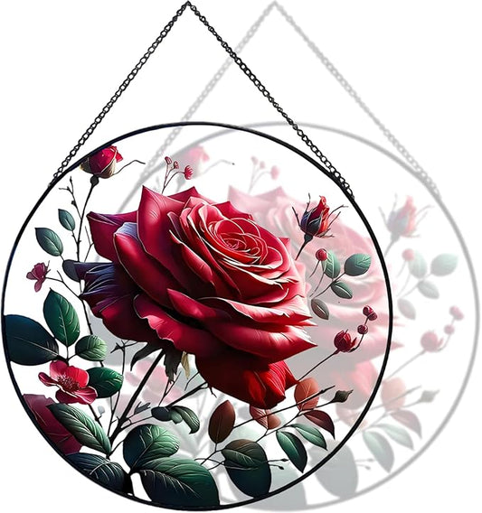 RIVEENY Red Rose Stained Glass Window Hanging,8" Valentines Day Rose Gifts for Wife Girlfriend,Birthday Gift for Women, for Mom Grandma Aunt Sister