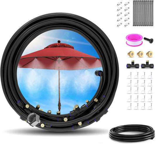 Keten 72FT Misting Cooling System, 59FT(18m)+Extra 13FT(4m) Misting Line, Misters System for Outdoor Patio Garden Greenhouse Pasture with 18 T-Joints+18 Mist Nozzles+3/4” Brass Adapter