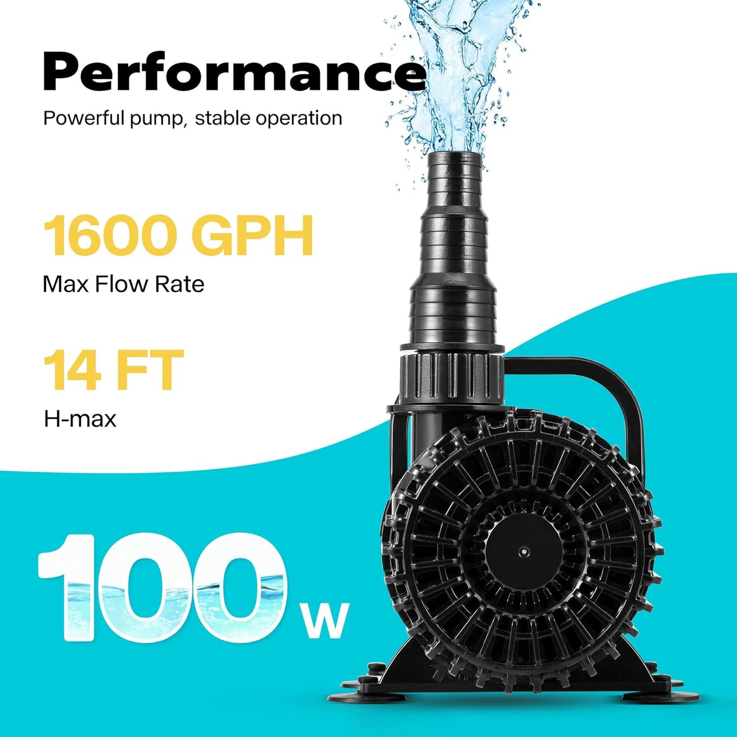 VIVOHOME 100W 1600GPH Submersible Water Pump with 180° Seamless Adjustable Nozzle and Barrier Bag for Koi Pond Waterfall Fountains Fish Tank
