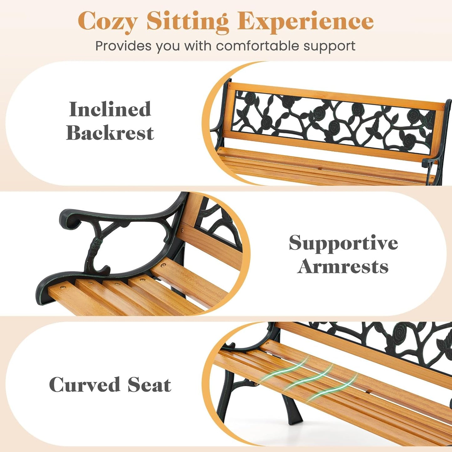 Giantex 49.5" 3-Person Outdoor Bench with Floral Pattern Backrest, Slatted Seat, 470 Lbs Weight Capacity, Curved Armrests, Cast Iron Metal Bench for Park, Outside, Patio, Porch, Yard, Garden