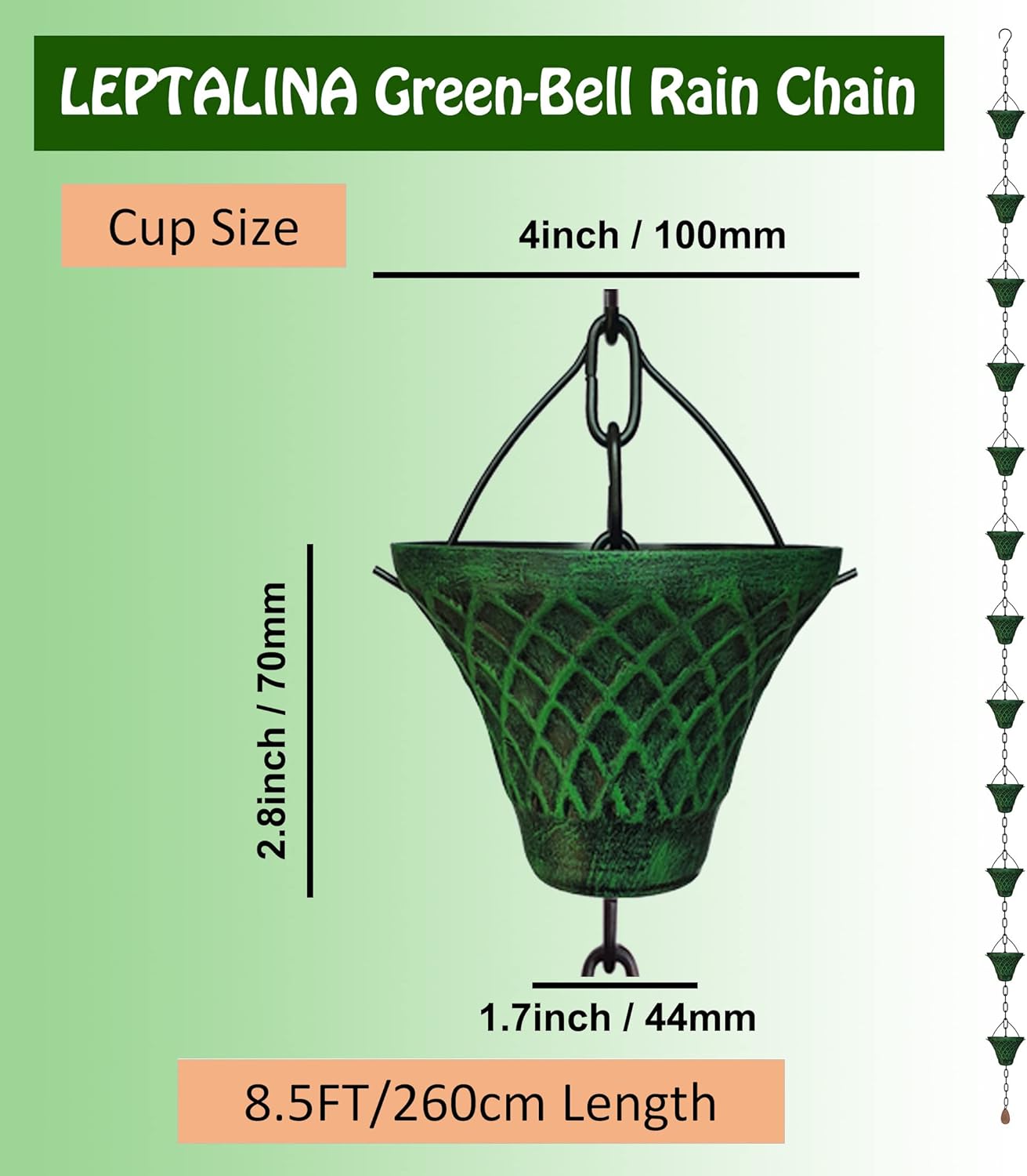 8.5FT Bell Iron Rain Chains for Gutter and Rain Barrel, Rust-Resistant Plated Garden Décor for Downspout, Bonus Rain Chain Gutter Adapter (Antique-Green)