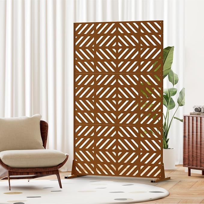 Metal Privacy Screen for Outdoor Freestanding Privacy Screens, 72" H x 44" W Brown Metal Fence Panels with Stand, Patio Divider Screens for Outside Deck Balcony Garden and Indoor