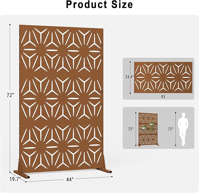 Heavy-Duty Outdoor Privacy Screen for Patio, Balcony, Backyard - 72" H * 44" W Metal Room Divider with Classic Clover Pattern, Anti-Tipping Kit, Weather Resistant, Easy Assembly (Raw Umber-SJX)