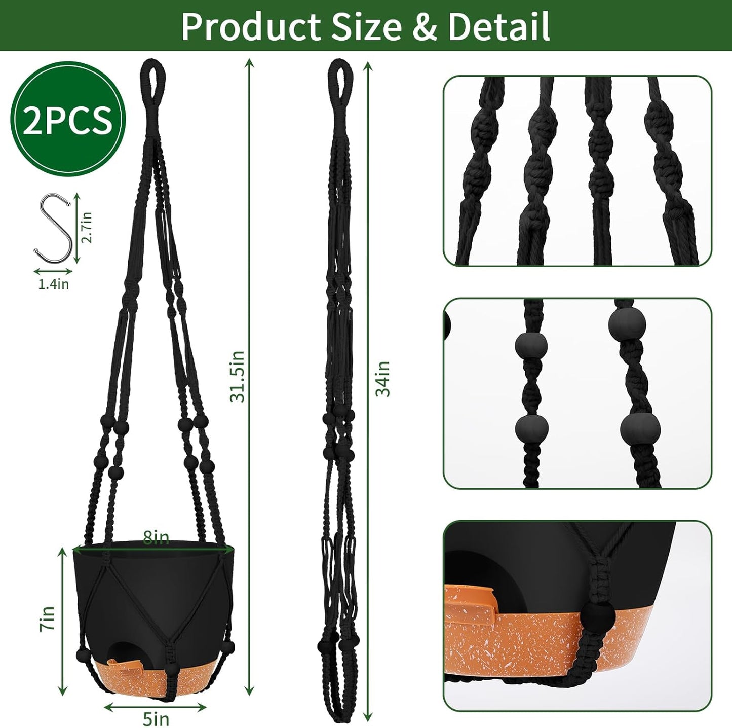 GARDIFE 8 Inch Hanging Planters with Macrame Plant Hanger for Indoor and Outdoor Plants, 2 Pack Large Self Watering Hanging Plant Pot with Basket Flower Pot with Drainage Hole, Black