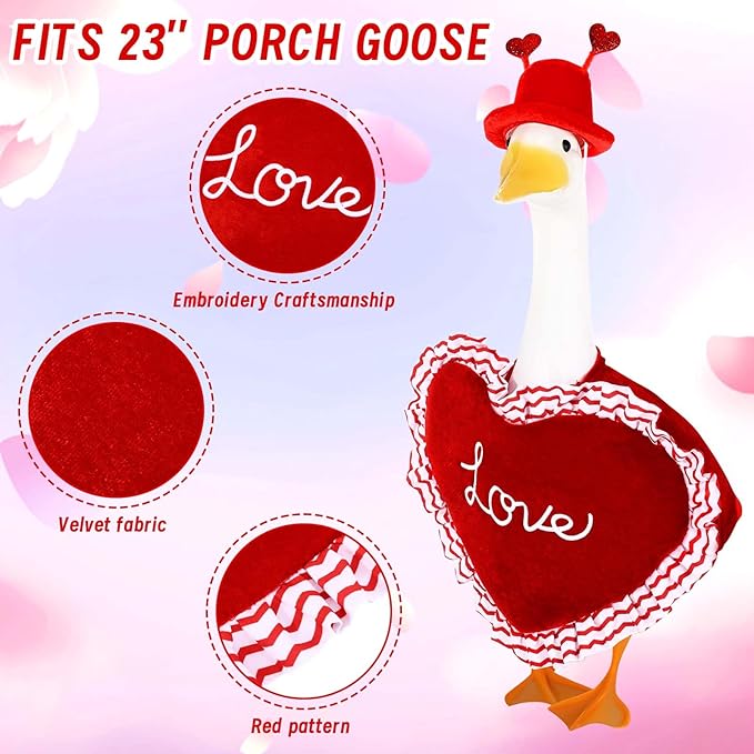 Valentine Goose Outfits Pink Heart Porch Goose Outfit Lawn Porch Goose Clothes Fits 23" Cement Plastic Goose Statue for Valentine's Day Outdoor Garden Yard Patio Art Decor (Red)