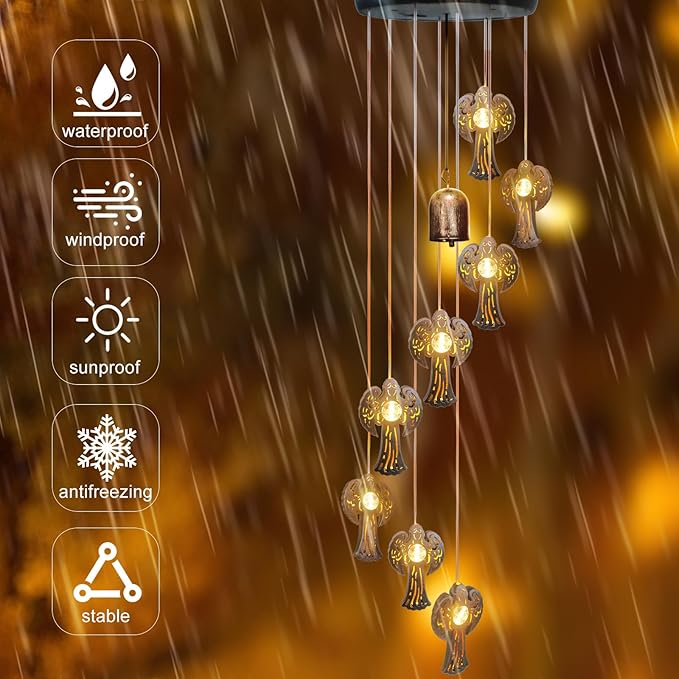 Solar Angel Wind Chimes Outdoor,Solar 8 LED Angel Wind Chimes for Outside,Hanging Lights Warm LED,Outdoor Angel Decor,Angel Gifts for Wife Mother Grandmom Christmas