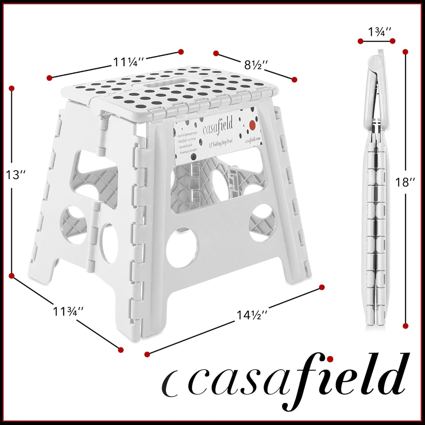 Casafield 13" Folding Step Stool with Handle, White - Portable Collapsible Small Plastic Foot Stool for Adults - Use in The Kitchen, Bathroom and Bedroom