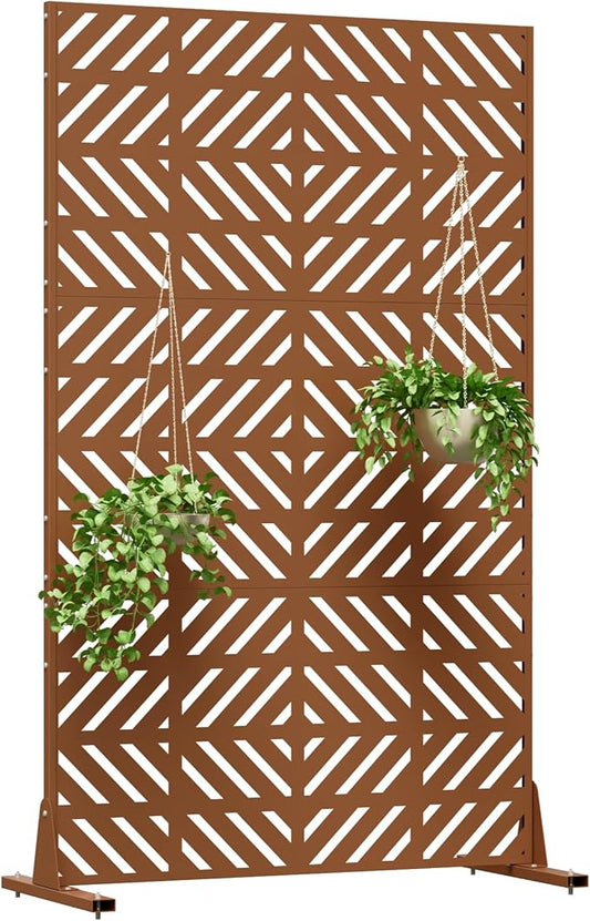 Metal Privacy Screen for Outdoor Freestanding Privacy Screens, 72" H x 44" W Brown Metal Fence Panels with Stand, Patio Divider Screens for Outside Deck Balcony Garden and Indoor