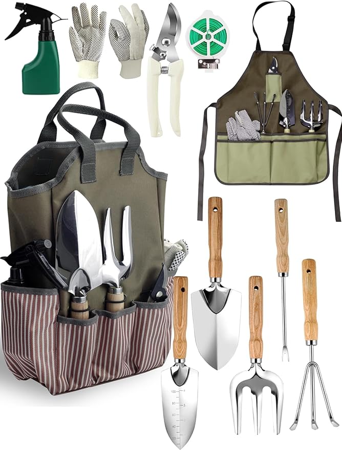 Gardening Tools Set 11 PCS, Heavy Duty Stainless Steel Garden Tool Kit with Large Garden Tote Bag & Apron, Durable, Ergonomic Hand Tool, Ideal Gardening Gift for Women, Men, Mom, Dad