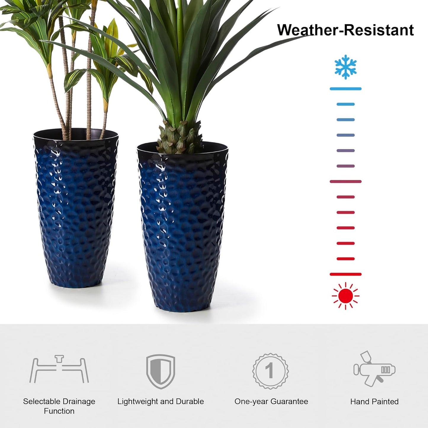 Glitzhome 23.75" H Oversized Tall Planter,Modern Set of 2 Honeycomb Textured Gradient Cobalt Blue Round Garden Plant Pots with Drainage Holes Flower Containers for Indoor Outdoor,Front Porch,Patio