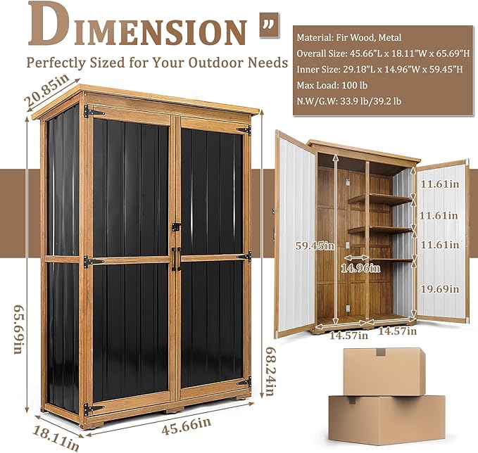 46" L Large Outdoor Storage Cabinet with Shelves, Wood & Metal Storage Shed Weather-Resistant, Outside Storage Cabinet for Garage Patio Backyard Garden with Waterproof Roof
