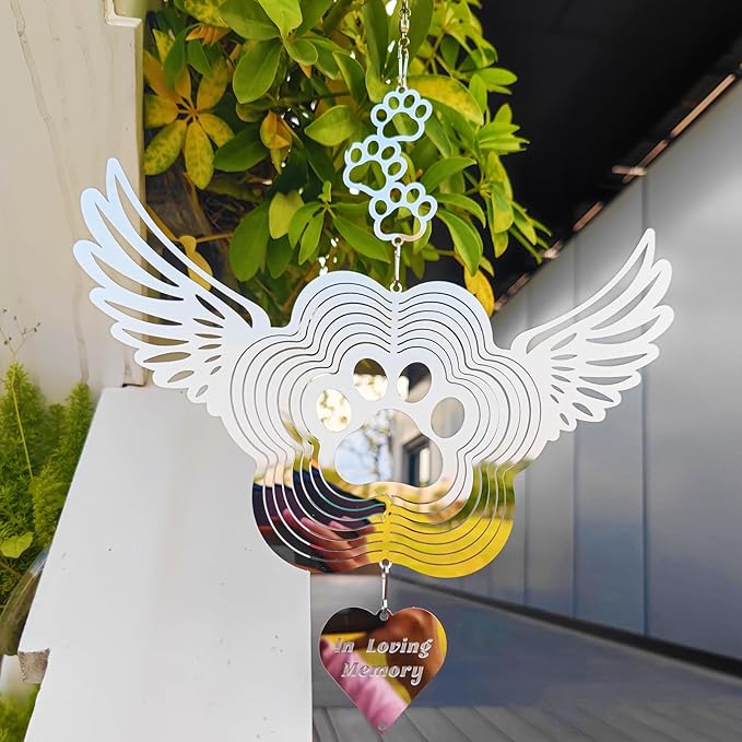 DJUAN Pet Memorial Wind Spinners, Dog Memorial Gifts,Stainless Steel Angel Wings Pet Paw Print,Dogs and Cats Remembrance, Pet Sympathy,Pet Loss Bereavement Gifts