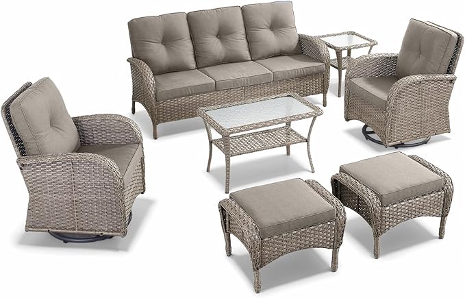 HUMMUH 7 Pieces Outdoor Furniture Set-All Weather Wicker Rattan Couch with Outdoor Rocking Chair Patio Furniture for Deck Lawn Porch Balcony Poolside-Grey/Grey