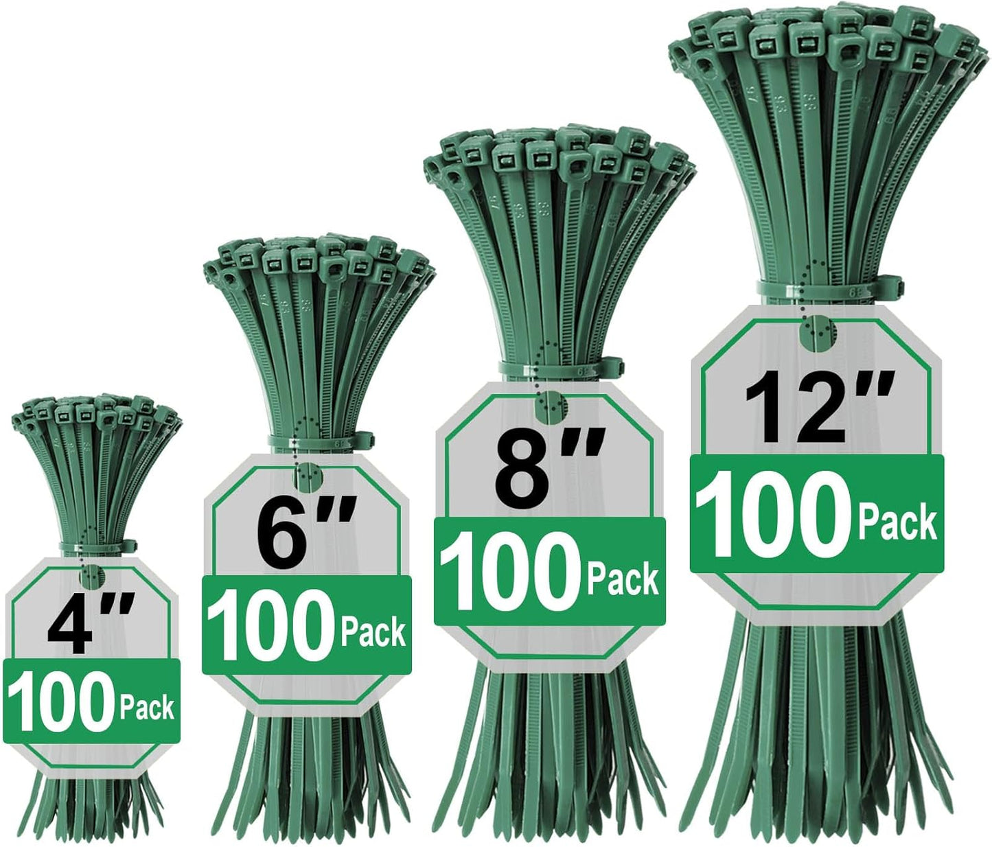 Green Zip Ties Assorted Sizes (4"+6"+8"+12"), 400 Pack, Cable Ties UV Resistant for Garden, Plants, Fence, Holiday Lights, Yakobela