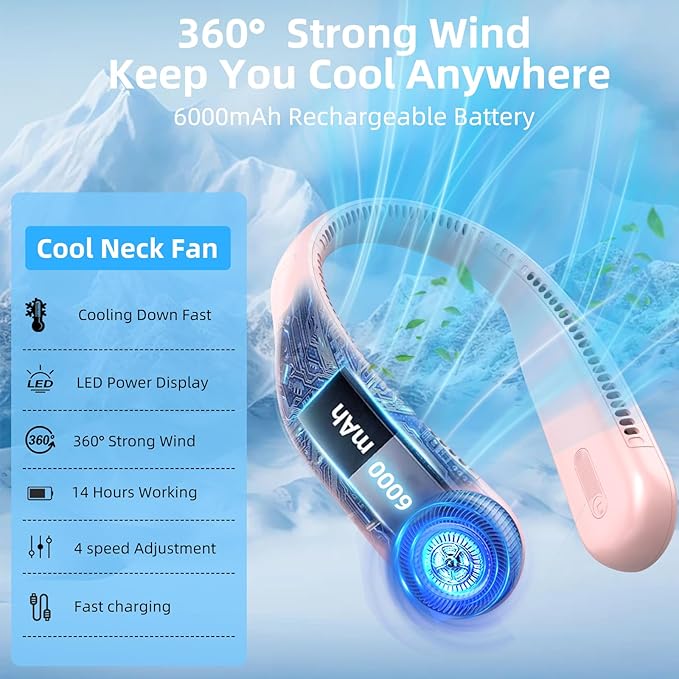 Portable Neck Fan,Hands Free Personal Wearable Bladeless Fan,6000mAh USB Rechargeable,360° Cooling,LED Display,4-Speeds,Birthday Gifts for Men Women Dad Mom,Stocking Stuffers Christmas Gifts (Pink)