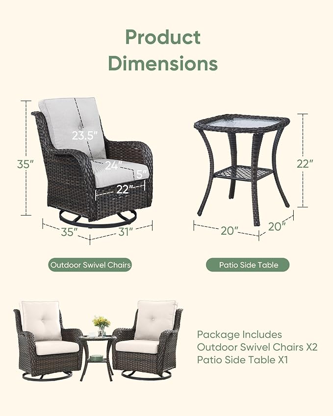 HUMMUH 3-Piece Swivel Rocking Rattan Chair Outdoor, Patio Bistro Furniture Conversation Set, Cushioned Wicker Chair with Glass Coffee Table (Brown, Beige)