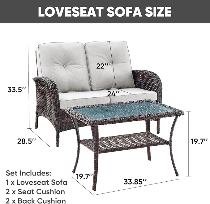 HUMMUH Outdoor Loveseat Sofa 2-Seat PE Wicker Outdoor Couch with Coffee Table, Deep Seat High Back Patio Furniture for Patio, Garden, Porch, Deck (Beige)