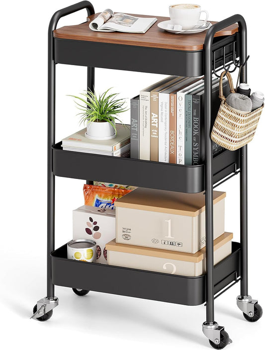 TOOLF 3-Tier Rolling Cart with Table Top, Metal Storage Cart on Wheels, Utility Organizer with Wooden Tray, Lockable Casters, Easy Assembly for Bathroom, Living Room, Office, Kitchen, Black