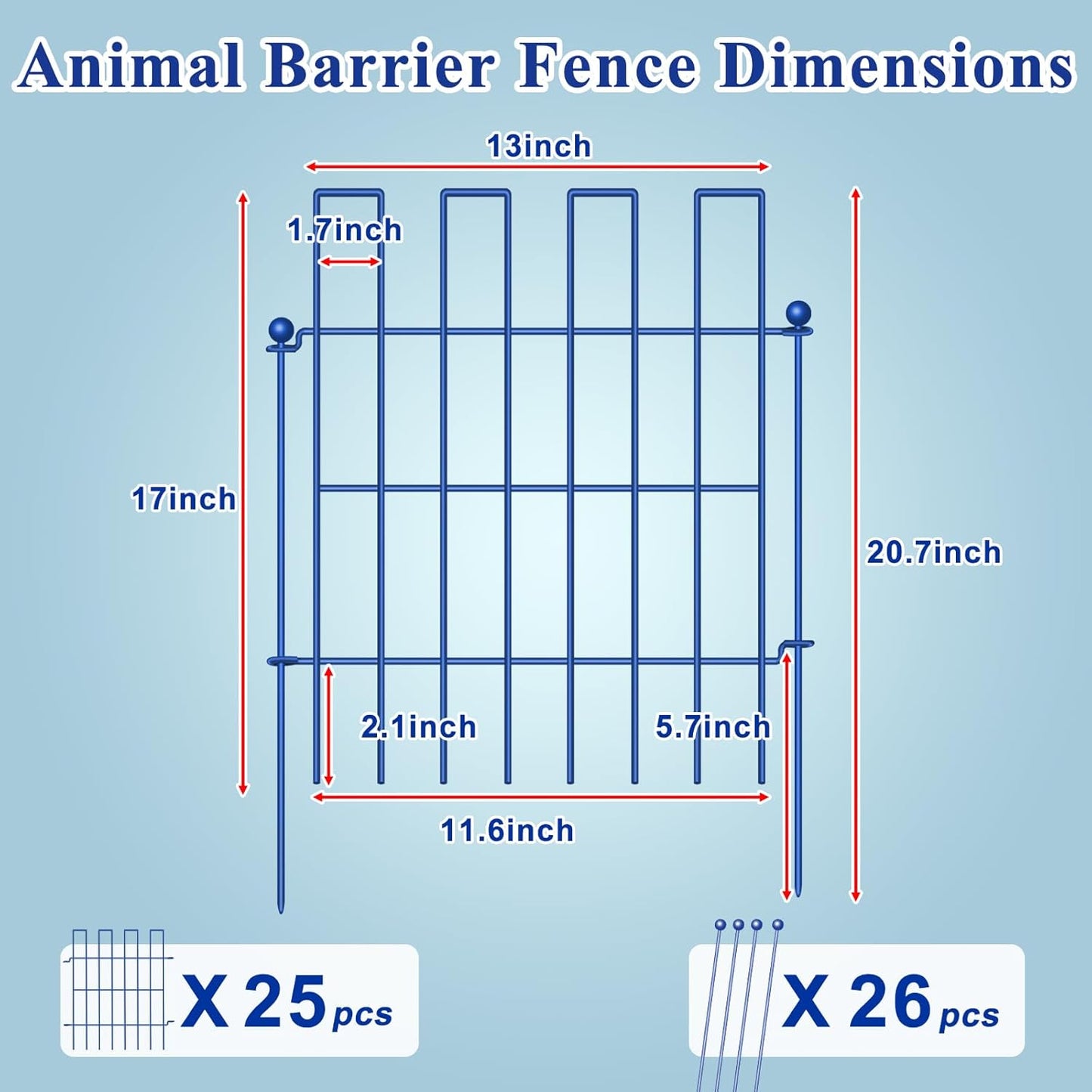 Animal Barrier Fence, 25 Panels Garden Fence Animal Barrier, 27 ft(L)×17 in(H), No Dig Fences for Dogs and Rabbits, Rustproof Metal Garden Fencing, Under Fences Border Barrier for Outdoor, Yard, Patio