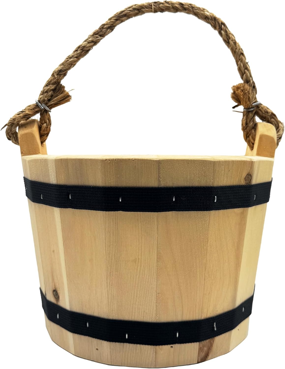 Good Wood - Wooden Bucket 8" x 10" Water Wishing Well Pail with Rope Twine Handle Solid Wood Vintage Style Primitive Planter - Made in The USA