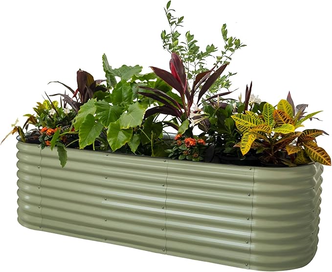 Vego garden 10 in 1 Raised Garden Bed Kits, 26" Extra Tall Modular Raised Planter Box for Vegetables Flowers Fruits Oval Metal Raised Garden Olive Green