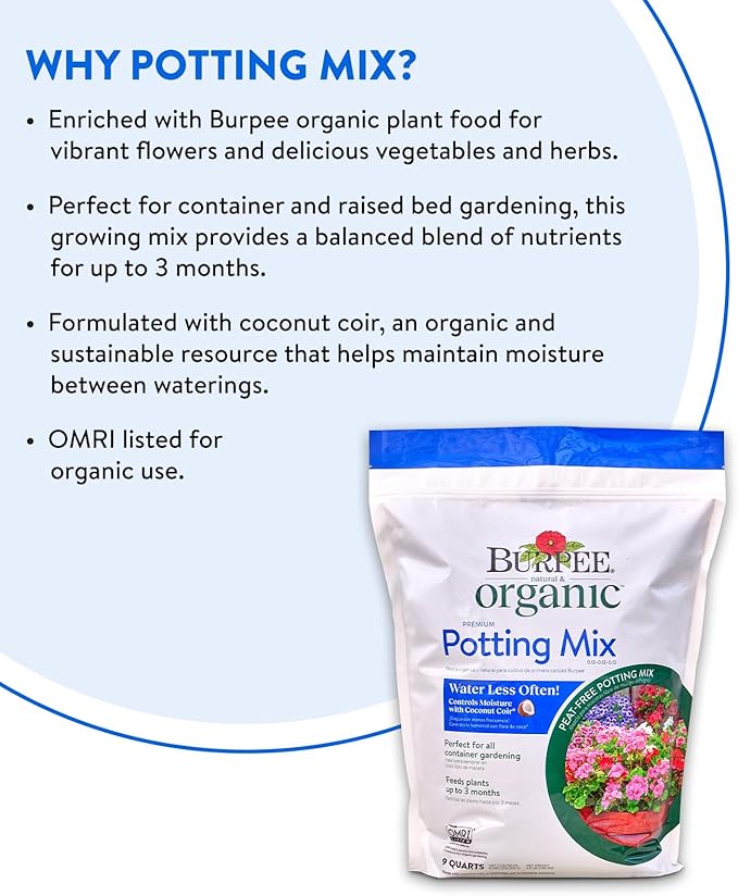 Burpee, 9 Quarts | Premium Organic Potting Natural Soil Mix Food Ideal for Container Garden-Vegetable, Flower & Herb Use for Indoor Outdoor Plant