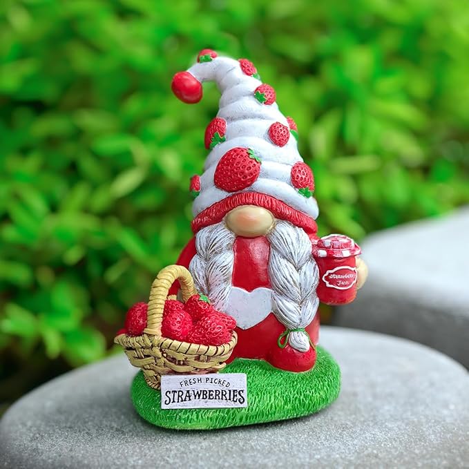 Spring & Summer-Themed Garden Statues – Adorable Outdoor Decor for Lawn, Patio & Porch (Charming Homestead Strawberry Gnome Garden Statue, 9.5" Farmhouse Style Unique Fruit Home Decor)
