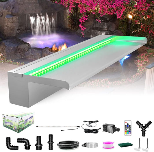 LONGRUN Pool Fountain Stainless Steel Outdoor Pond Spillway Waterfall with Wider Water Flow Platform Multi-Color LED Light Spray Indoor Waterfall Fountains for Garden-35.4" x 8" x 3.94"(W x D x H)