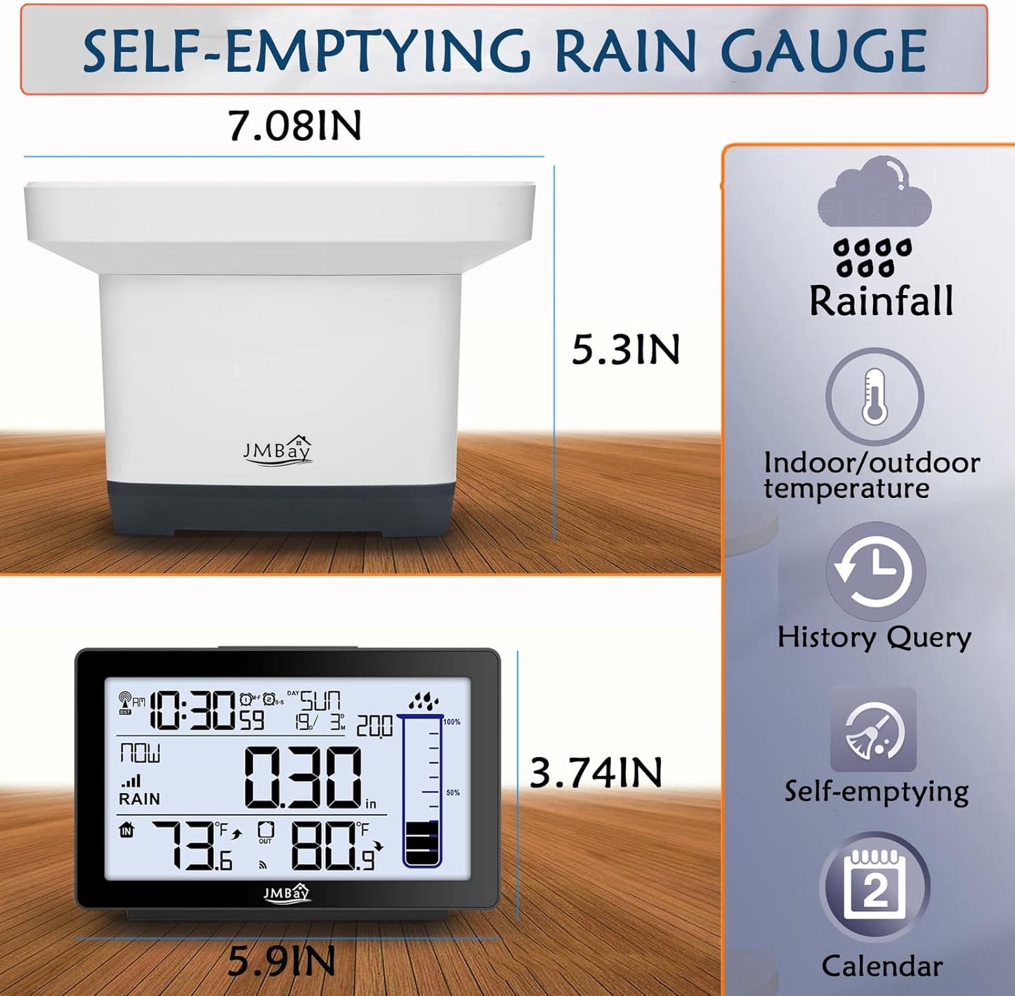Digital Rain Gauge Outdoor with Thermometer, Self-Emptying Wireless Rain Gauges Outdoors Best Rated, High Precision Electronic Remote Rain Collector, Freeze Proof Automatic Rain Measure Gauge for Yard