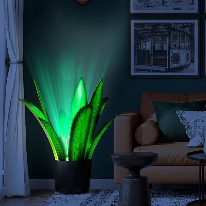 Upgraded Large Metal Yard Art, Metal Agave Plant Yard Decorations Outdoor Sculpture, Metal Flowers for Outside, Waterproof Outdoor Garden Decor (Blue (W/Solar Light))