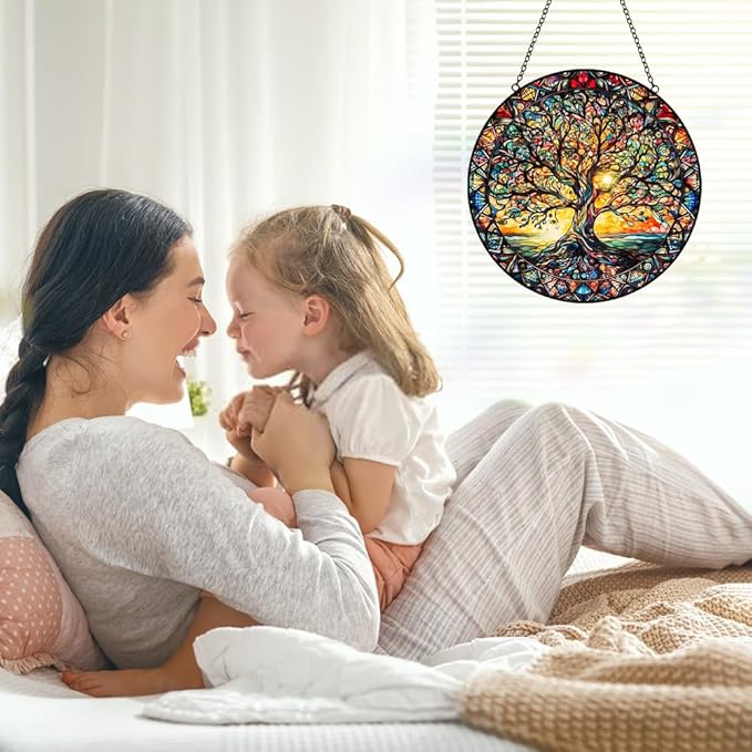 Tree of Life Sun Catcher Stained Glass Window Hanging - Handmade Suncatchers for Windows Hanging Stained Glass Suncatcher - Sun Catchers Indoor Window Wall Home Decor Glass Panel Gift for Women Men