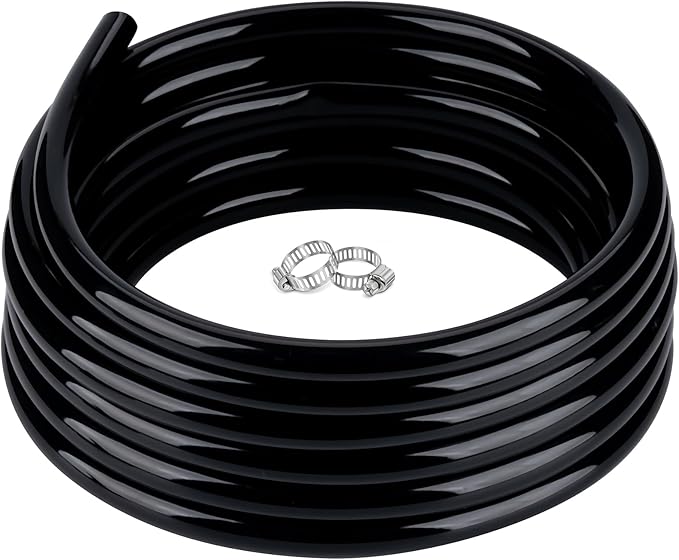 1" id - 25ft Black Vinyl Tubing Flexible PVC Tube Hybrid Hose Transfer Water Fuel Gas for Pond Fountain Garden Waterfall, Durable and Safe, with 2 Hose Clamps