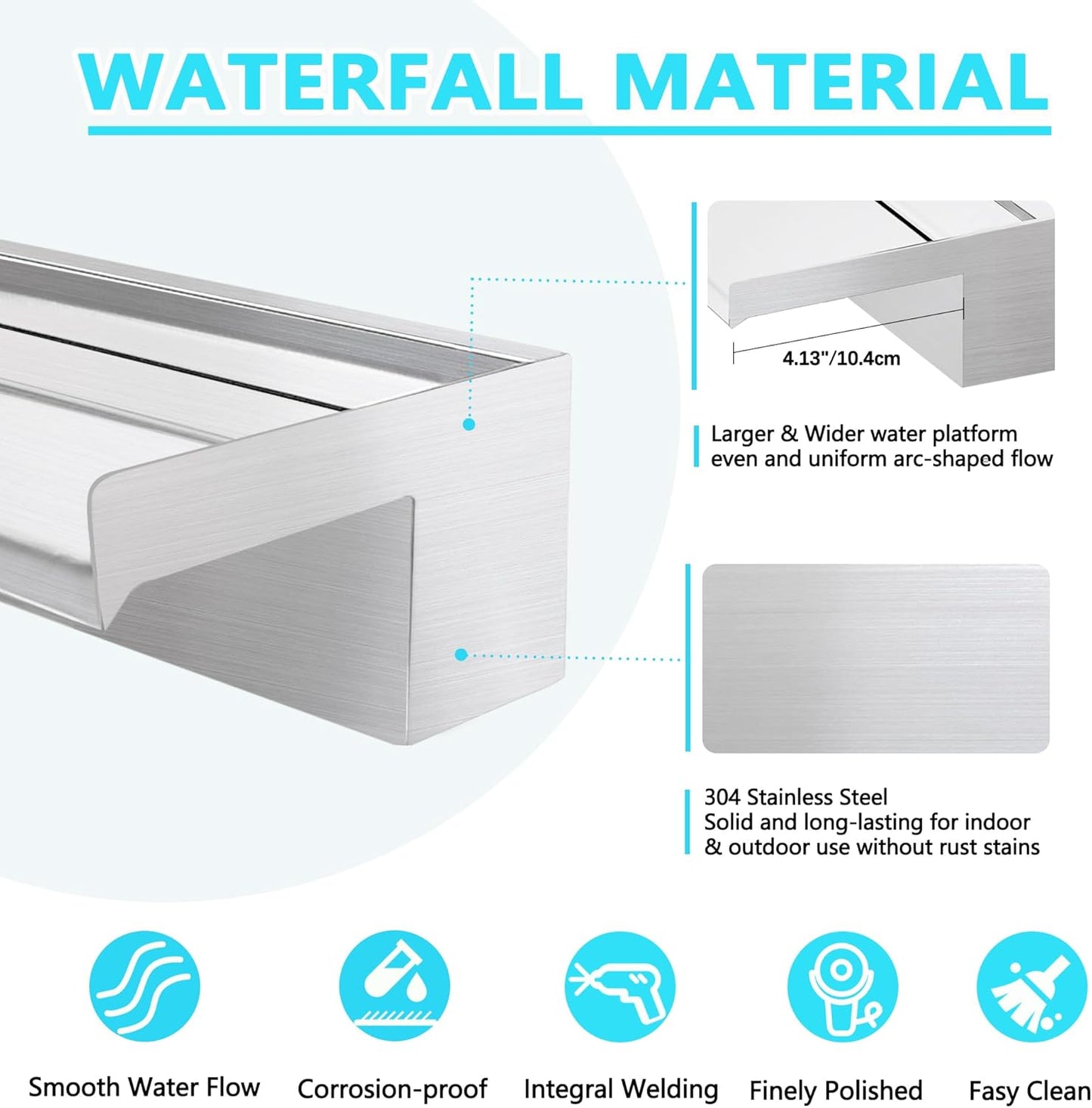 Waterfall Spillway Fountain 304 Stainless Steel Water Pool Fountain with Wider Water Flow Platform,Pool Waterfall for Outdoor Garden and Patio Decorations(35.5 Inch)