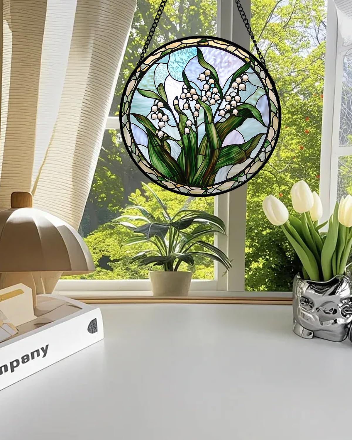 Stained Glass Window Hanging, White Green Lily of The Walley Flowers Sun Catcher for Door Home Decor Plants Suncatcher Christmas Mother's Day Birthday Gifts for Women Men Mom Nana 9.8 in