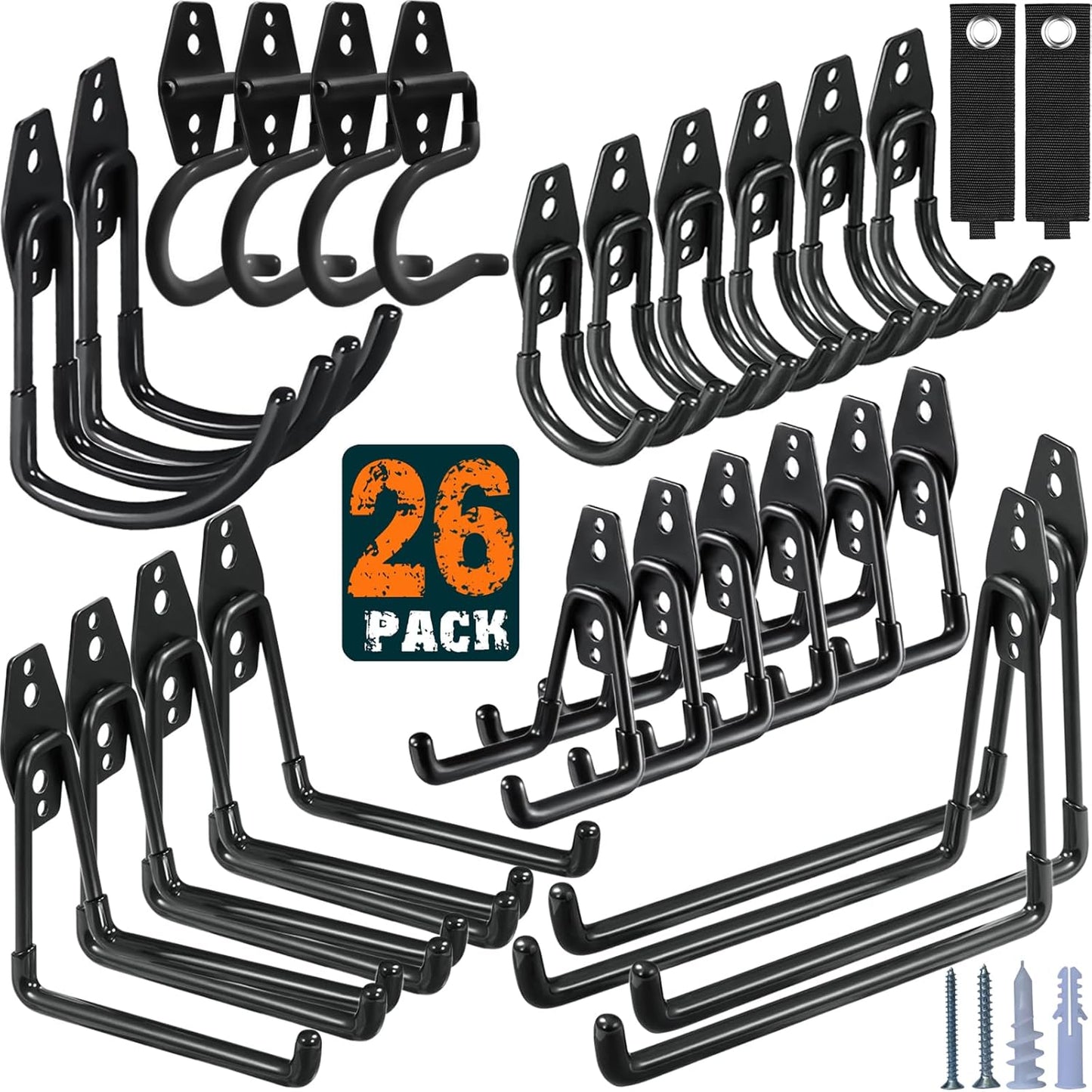 26 Pack Garage Hooks Heavy Duty Utility Steel with Anti-Slip Coating Wall Mount Storage Organizer for Hanging Power and Garden Tools, Ladders, Hose, Bikes, Ropes, Bulk Items, and More