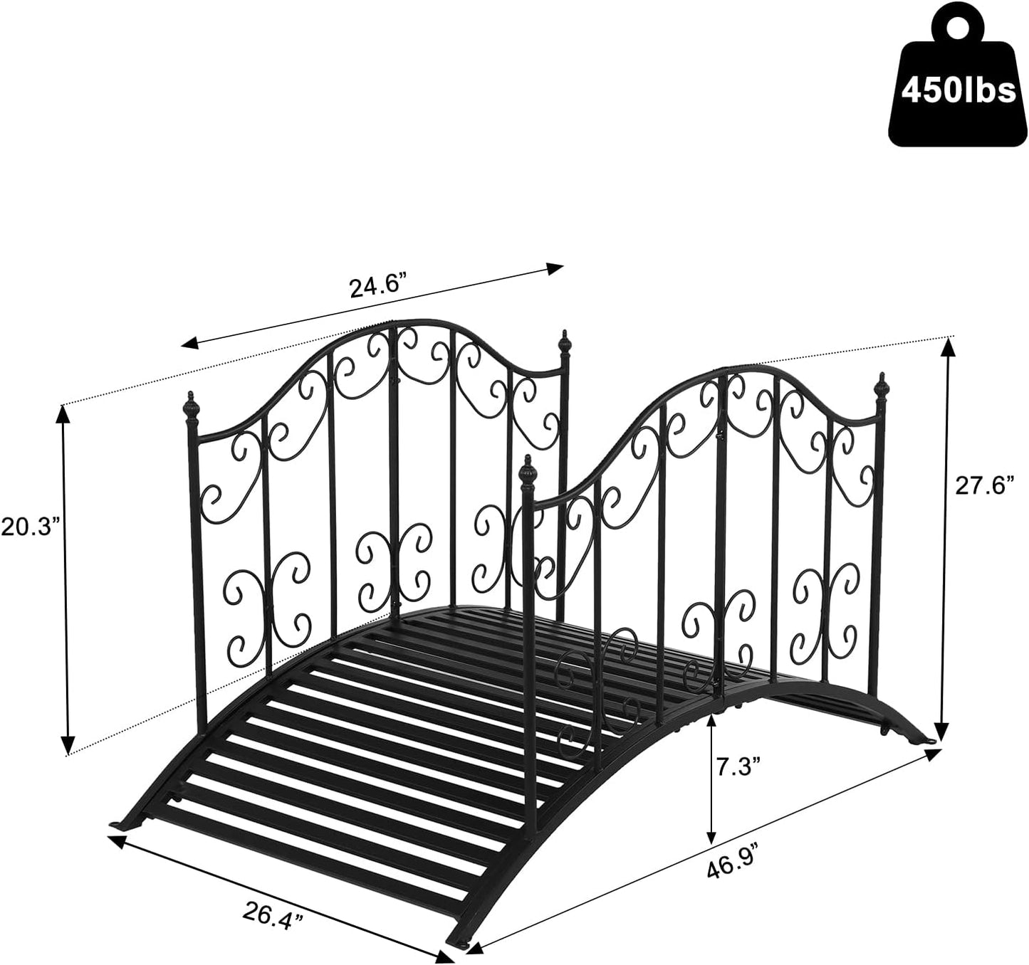 VINGLI Garden Bridge Metal Yard Arch Path Bridge with Patterned Guardrails, Ourdoor Decorative Black Iron Foot Bridge for Pond and Backyard Landscaping-4FT
