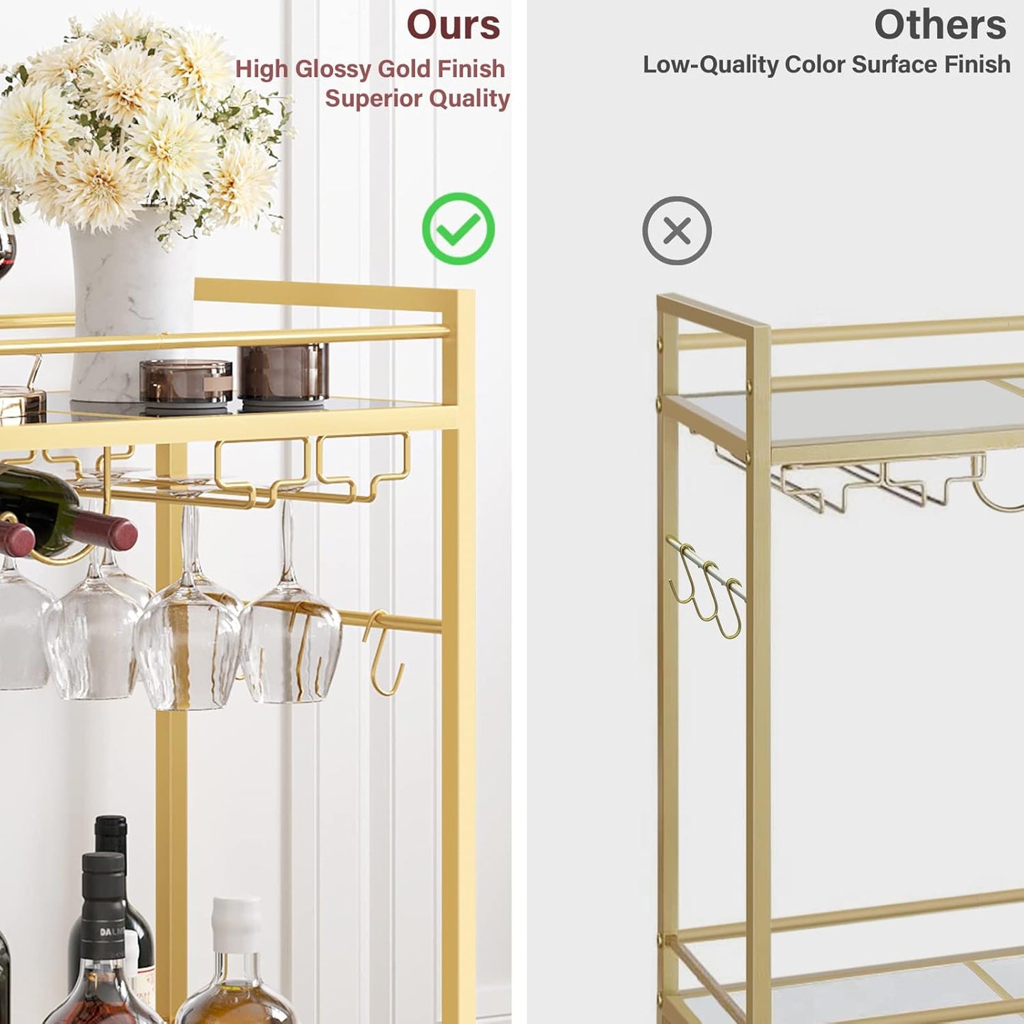 TUTOTAK Bar Cart, Serving Cart for Home, Drink Cart, Mobile Kitchen Shelf with Wine Rack and Glass Holder, Rolling Beverage Cart, Gold BC01BB031