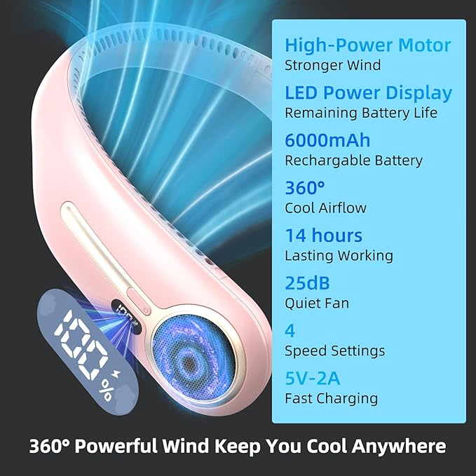 Portable Neck Fan,Hands Free Personal Wearable Bladeless Fan,6000mAh USB Rechargeable,360° Cooling,LED Display,4-Speeds,Birthday Gifts for Men Women Dad Mom,Stocking Stuffers Christmas Gifts (Pink)