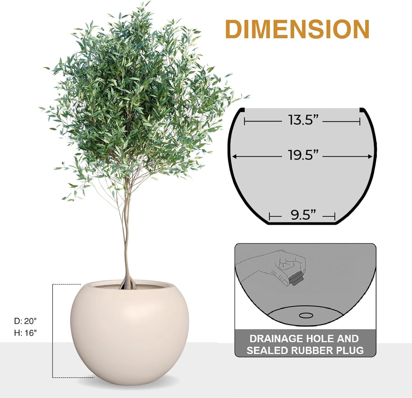 Globo Large Fiberstone Plant Pot, Large Planters for Indoor Plants, Outdoor Planters for Porch (Kilim Beige, 20" D x 16" H)